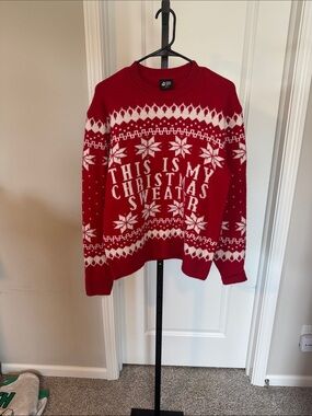 Red Holiday Crewneck Sweater with Festive White Fair Isle
